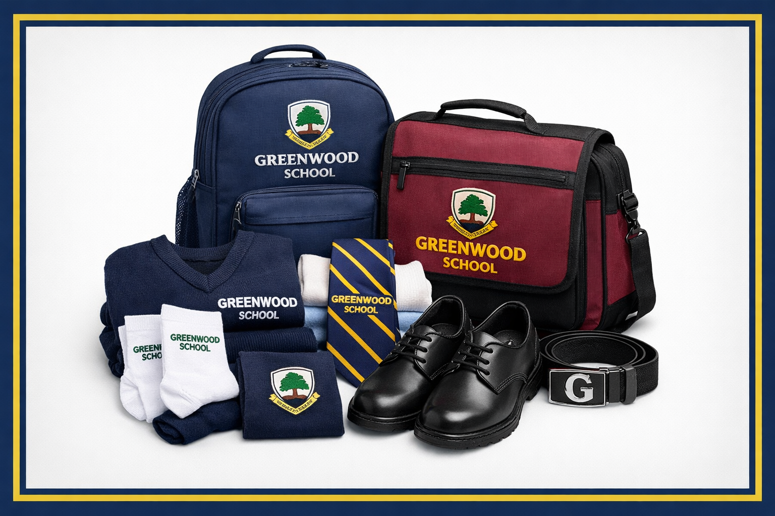 School accessories showcase - backpacks, shoes, and ties